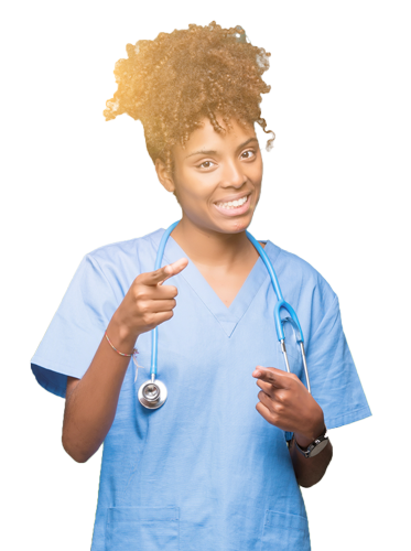 Engage our Healthy Plus 1 Program. Happy smiling nurse.